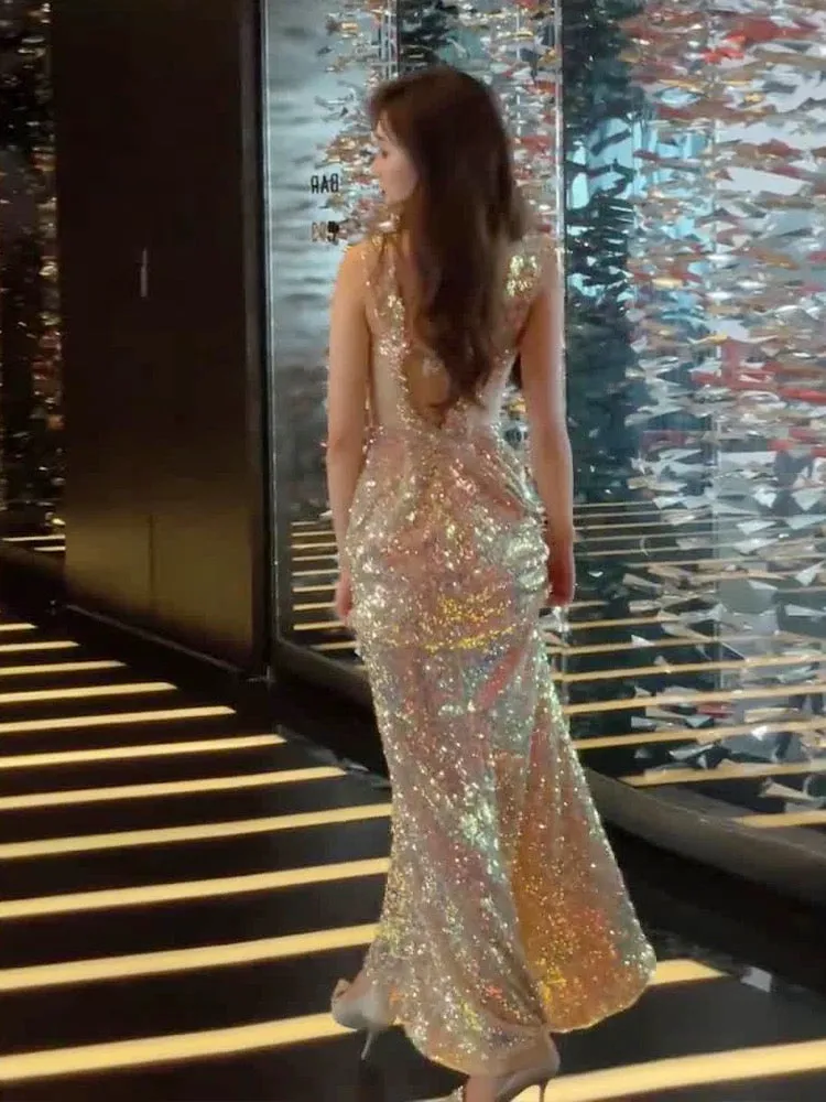 JazzHer Vintage Mermaid Straps Sequin Backless Long Birthday Dress Prom Dresses (PRE-ORDER)