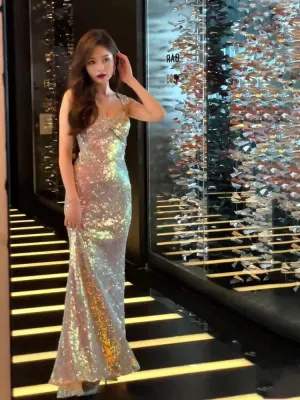 JazzHer Vintage Mermaid Straps Sequin Backless Long Birthday Dress Prom Dresses (PRE-ORDER)