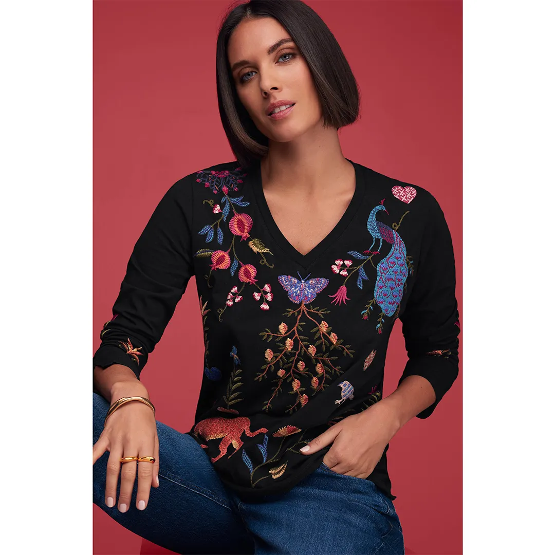 Johnny Was Adela Slit Butterfly Embroidery Long Tee Shirt Special Black Top NEW