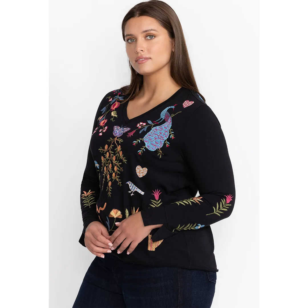 Johnny Was Adela Slit Butterfly Embroidery Long Tee Shirt Special Black Top NEW