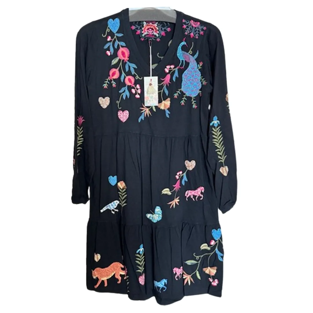 Johnny Was Adela Slit Butterfly Embroidery Long Tee Shirt Special Black Top NEW