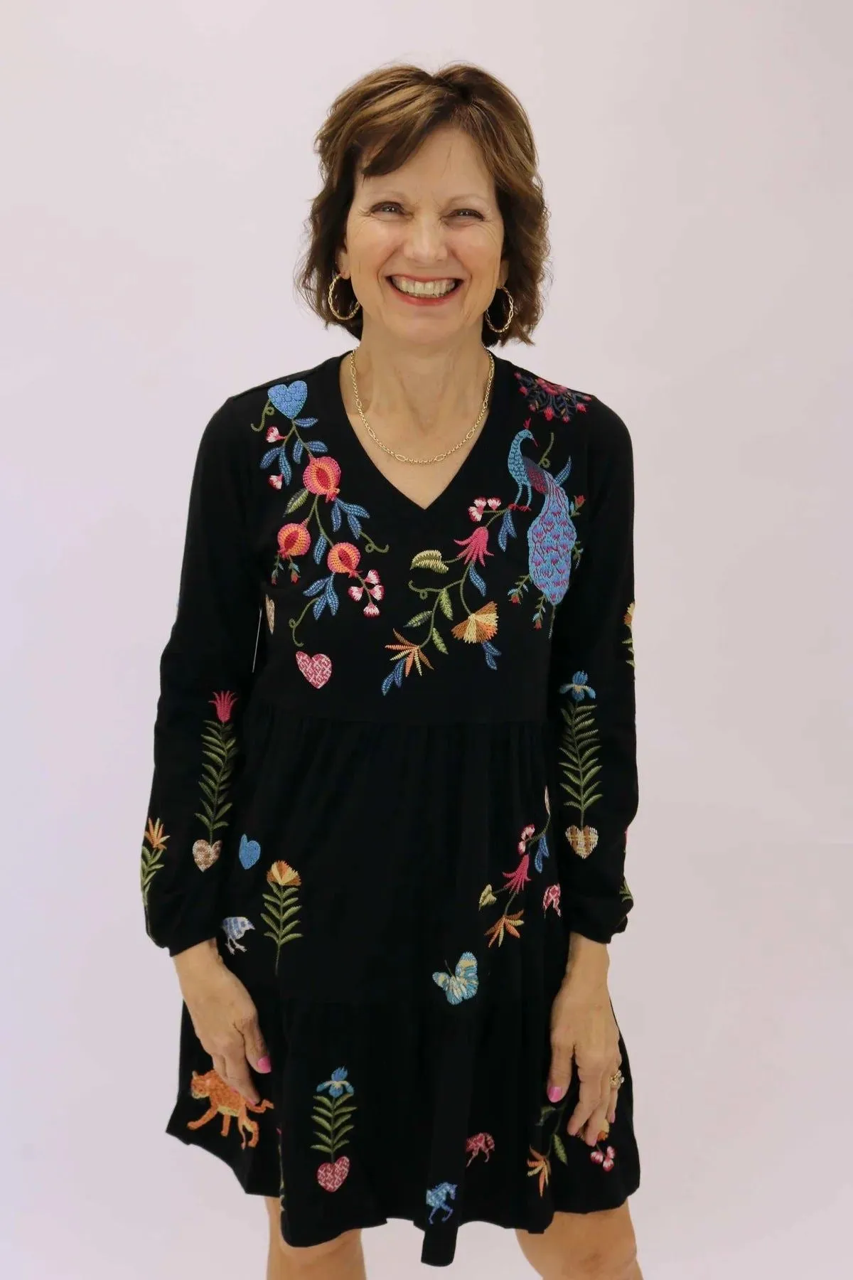 Johnny Was Adela Slit Butterfly Embroidery Long Tee Shirt Special Black Top NEW