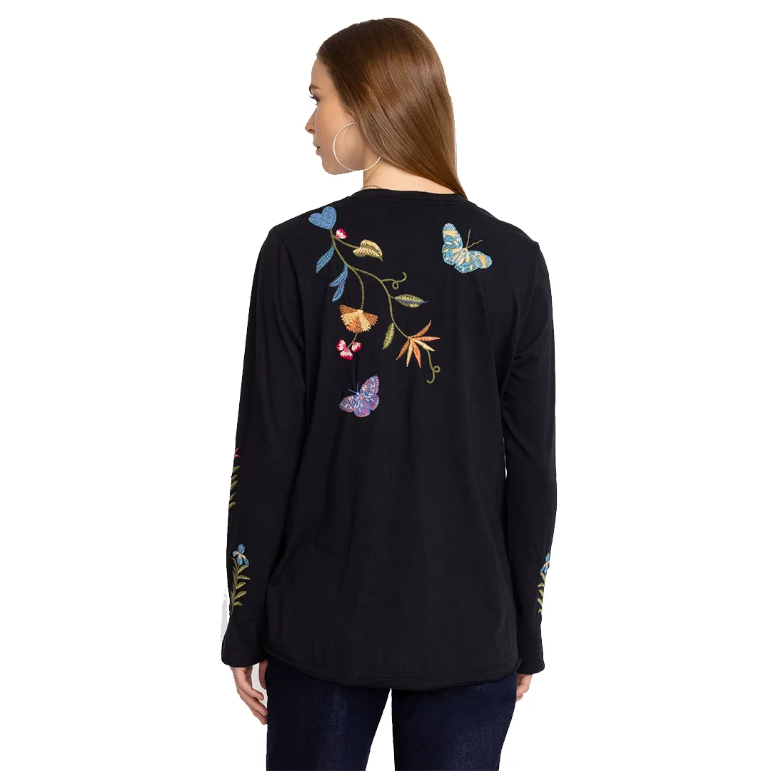 Johnny Was Adela Slit Butterfly Embroidery Long Tee Shirt Special Black Top NEW
