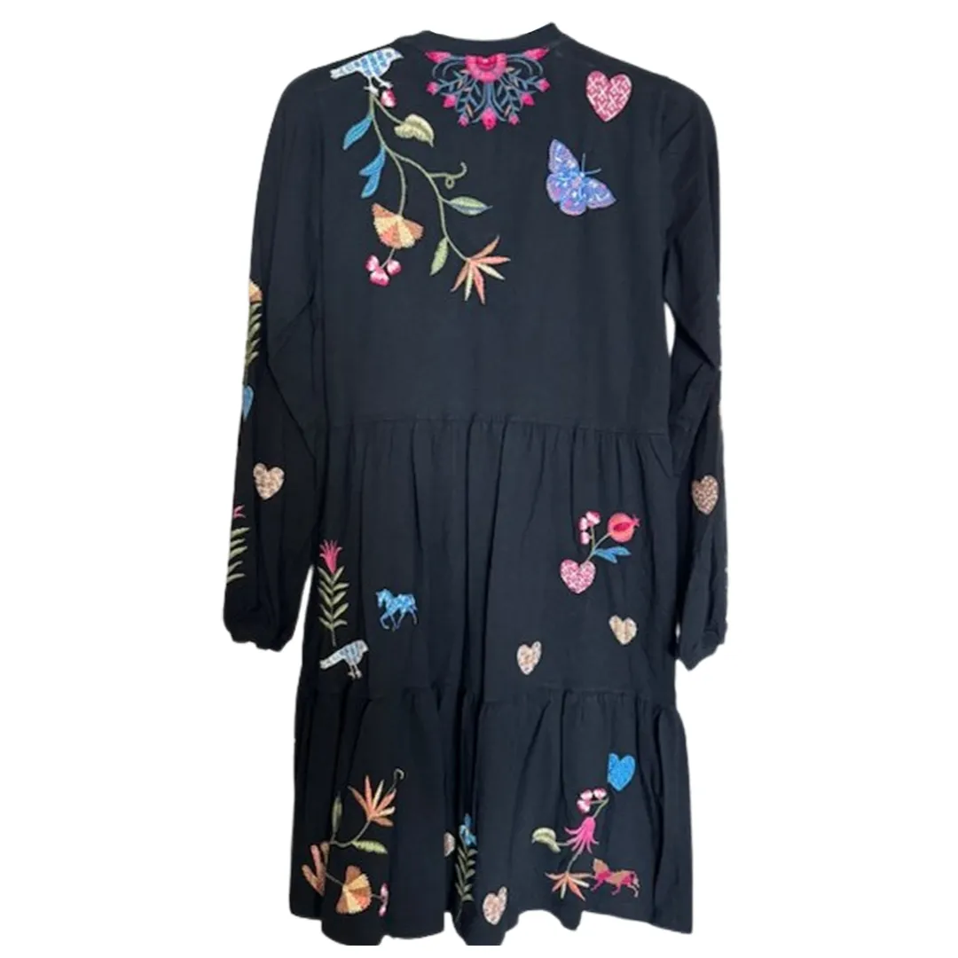 Johnny Was Adela Slit Butterfly Embroidery Long Tee Shirt Special Black Top NEW