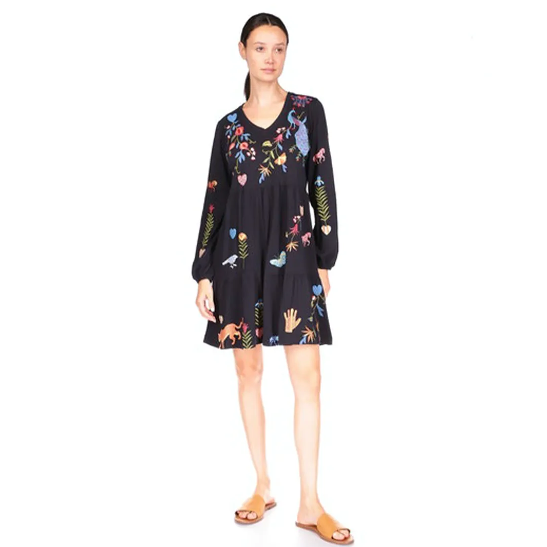 Johnny Was Adela Slit Butterfly Embroidery Long Tee Shirt Special Black Top NEW