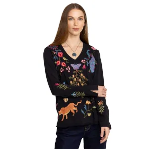 Johnny Was Adela Slit Butterfly Embroidery Long Tee Shirt Special Black Top NEW