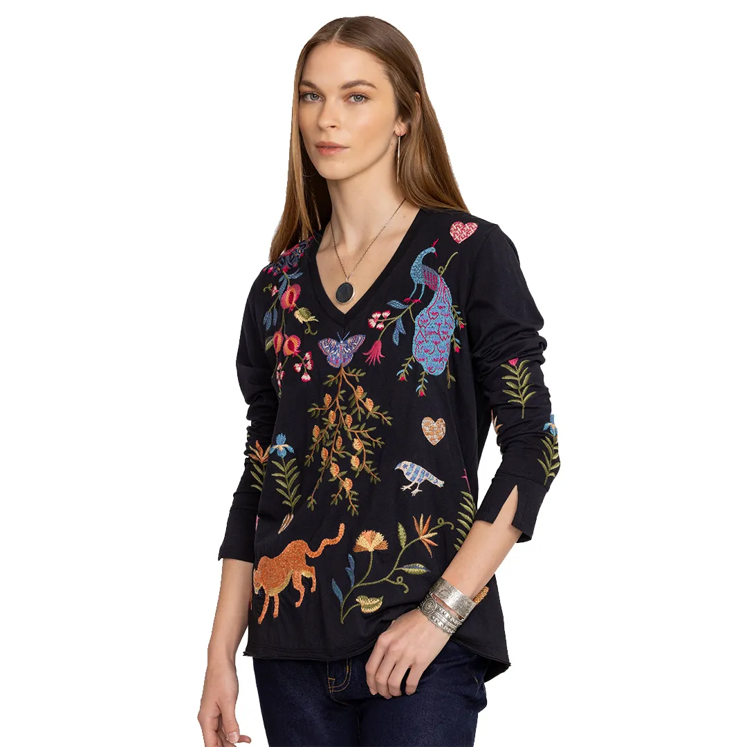 Johnny Was Adela Slit Butterfly Embroidery Long Tee Shirt Special Black Top NEW