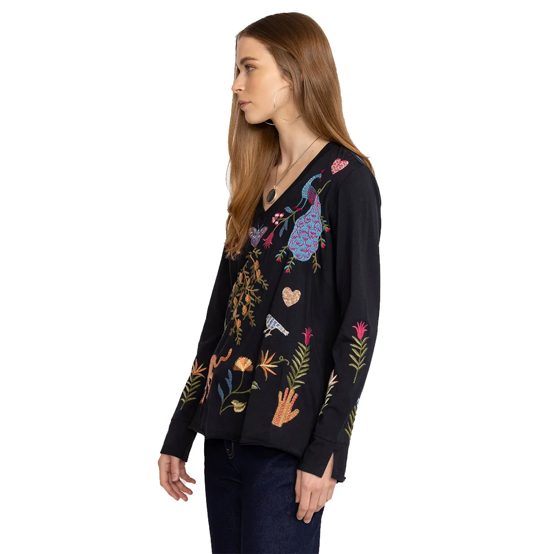 Johnny Was Adela Slit Butterfly Embroidery Long Tee Shirt Special Black Top NEW