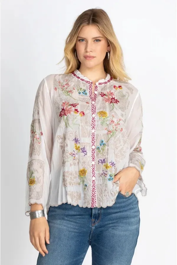 Johnny Was Allbee Embroidered Long Sleeve Blouse Boho Chic C10322