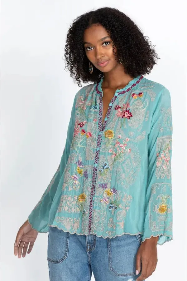 Johnny Was Allbee Embroidered Long Sleeve Blouse Boho Chic C10322