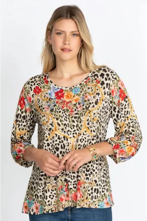 Johnny Was Animal Cheetah Puff Sleeve Shirt Red Blue Flowers Embroidery Top New