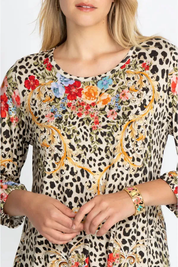 Johnny Was Animal Cheetah Puff Sleeve Shirt Red Blue Flowers Embroidery Top New