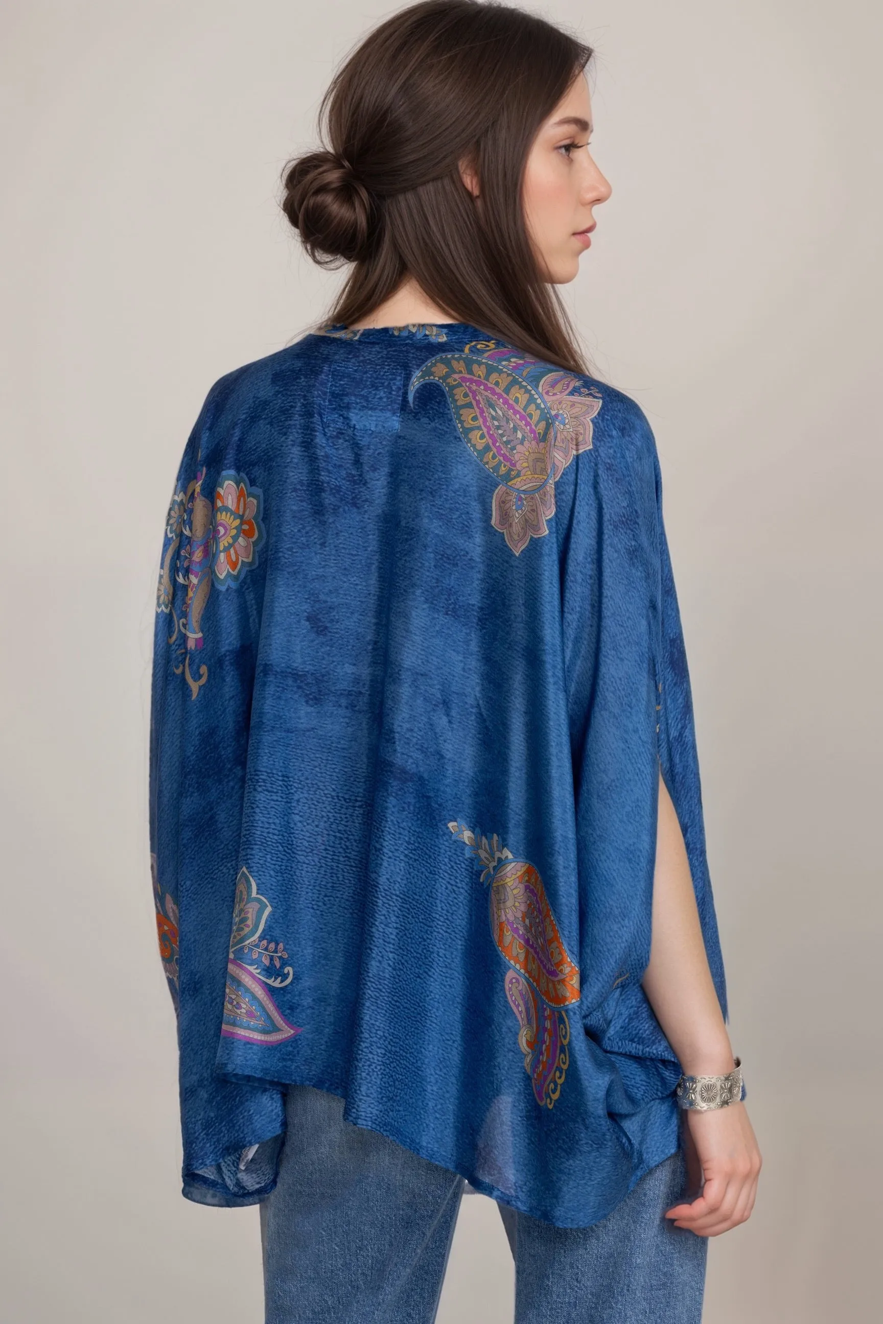 Johnny Was Biya Paisley Blue Sascha Silk Poncho Top B14624