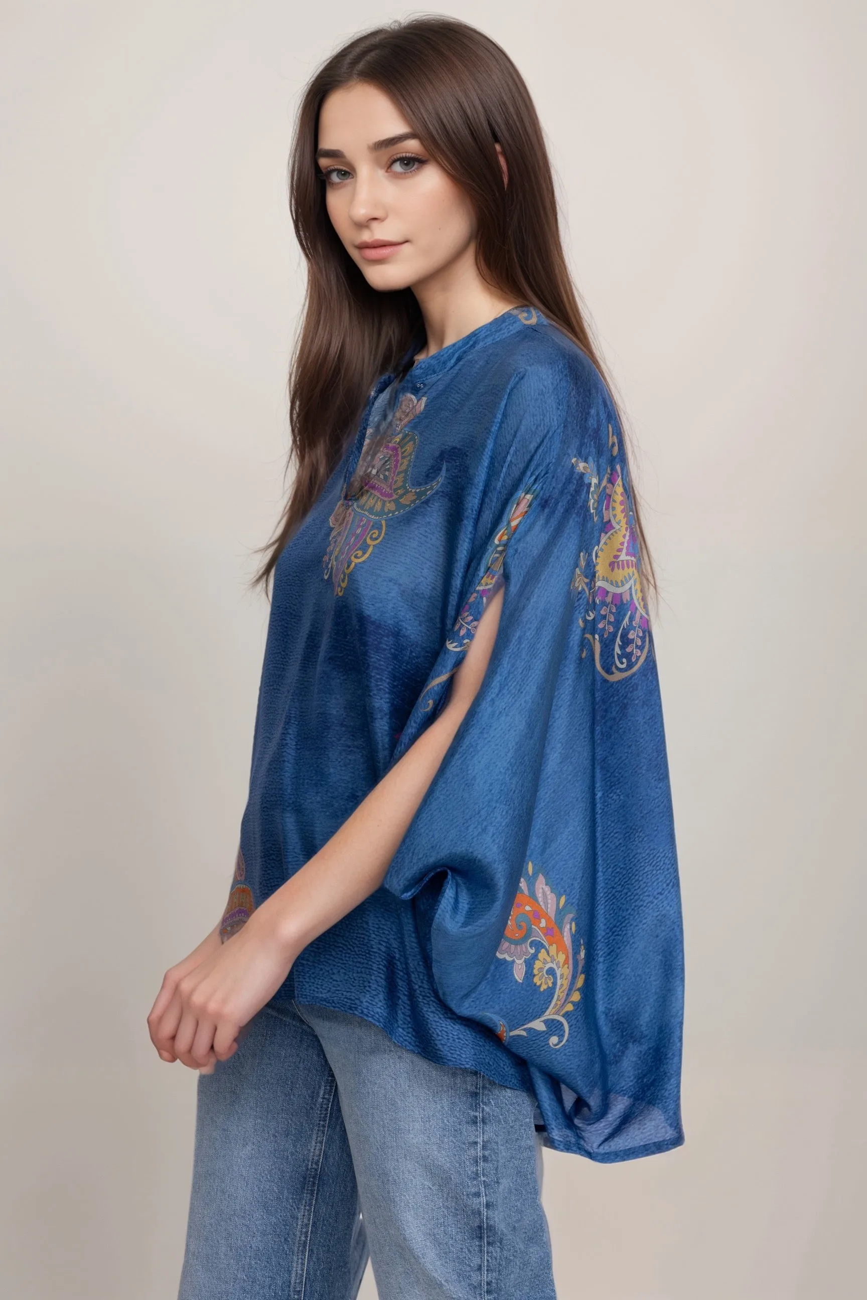 Johnny Was Biya Paisley Blue Sascha Silk Poncho Top B14624