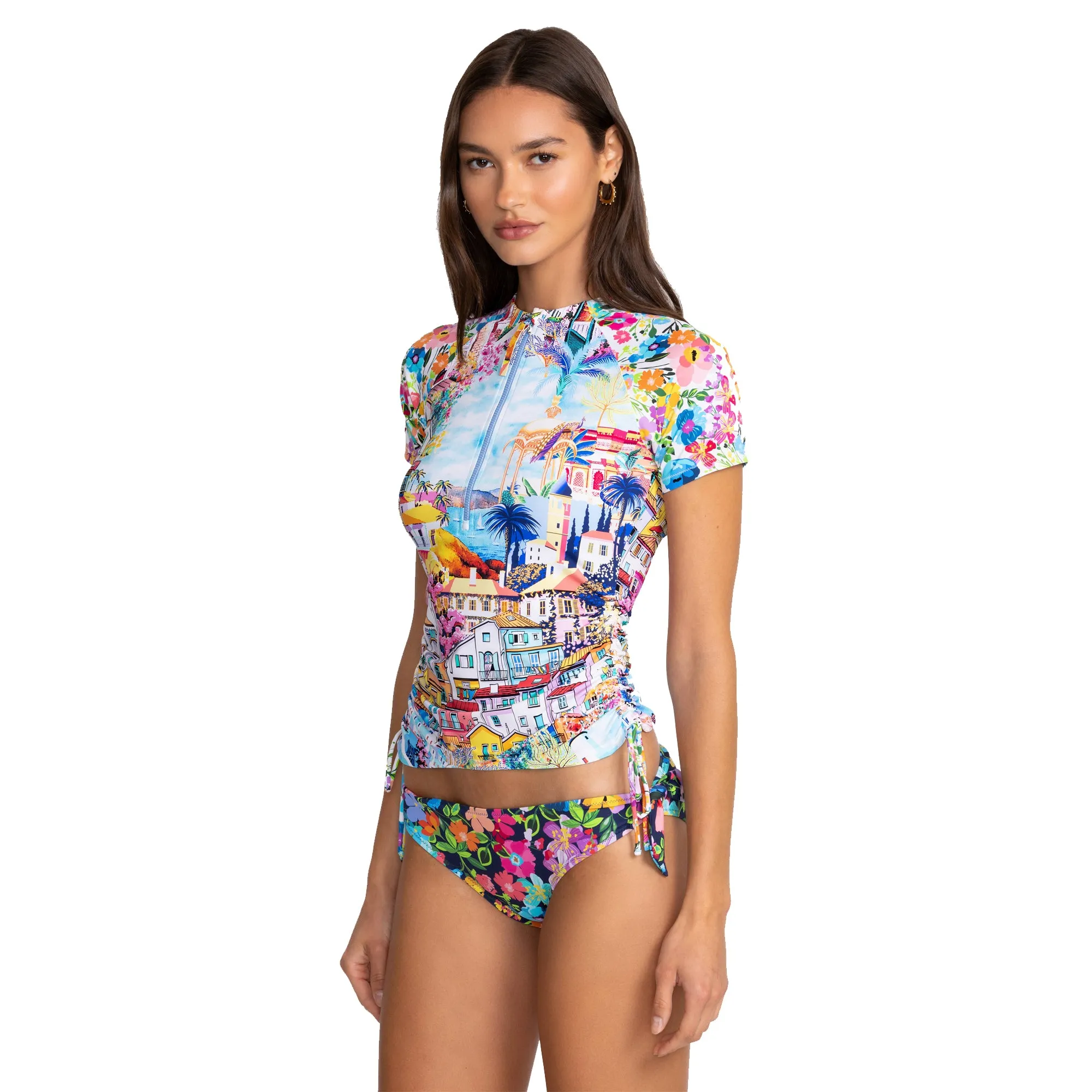 Johnny Was Cannes Drawstring Surf Shirt Short Swim Rash Guard White Blue Top NEW