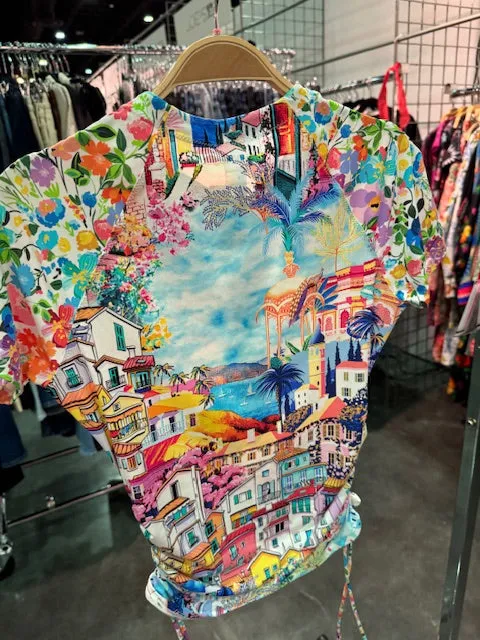 Johnny Was Cannes Drawstring Surf Shirt Short Swim Rash Guard White Blue Top NEW