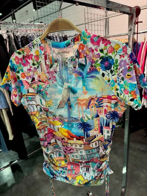 Johnny Was Cannes Drawstring Surf Shirt Short Swim Rash Guard White Blue Top NEW
