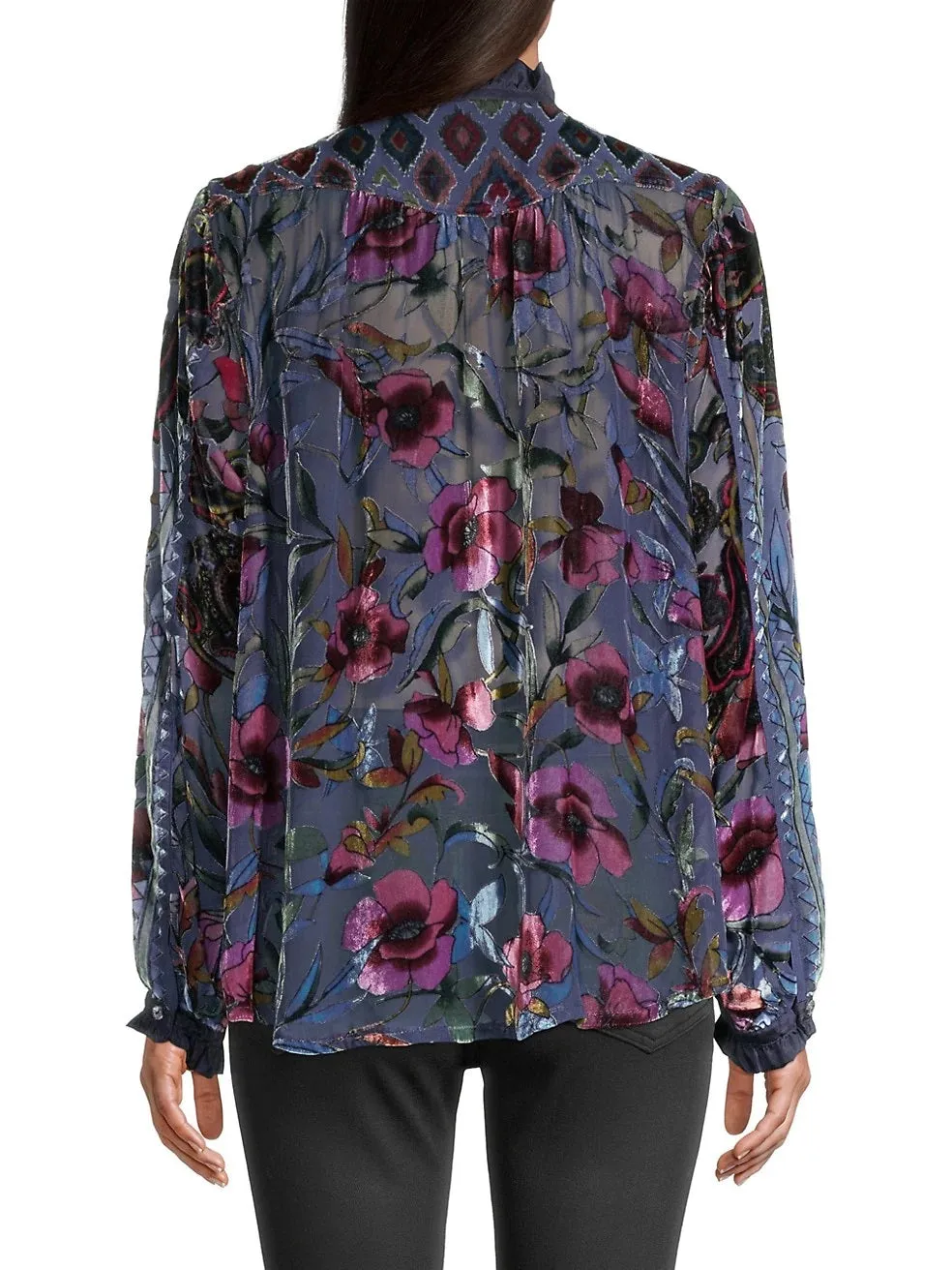 Johnny Was Clara Burnout Leda Button Top Floral Navy Black Velvet Shirt Small NEW