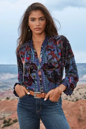 Johnny Was Clara Burnout Leda Button Top Floral Navy Black Velvet Shirt Small NEW