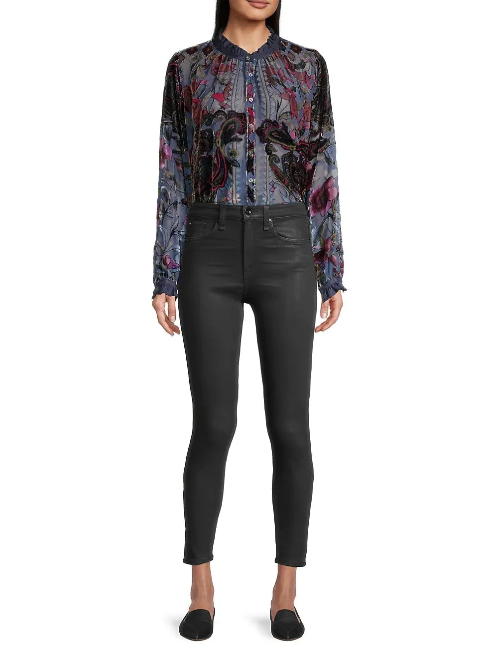 Johnny Was Clara Burnout Leda Button Top Floral Navy Black Velvet Shirt Small NEW