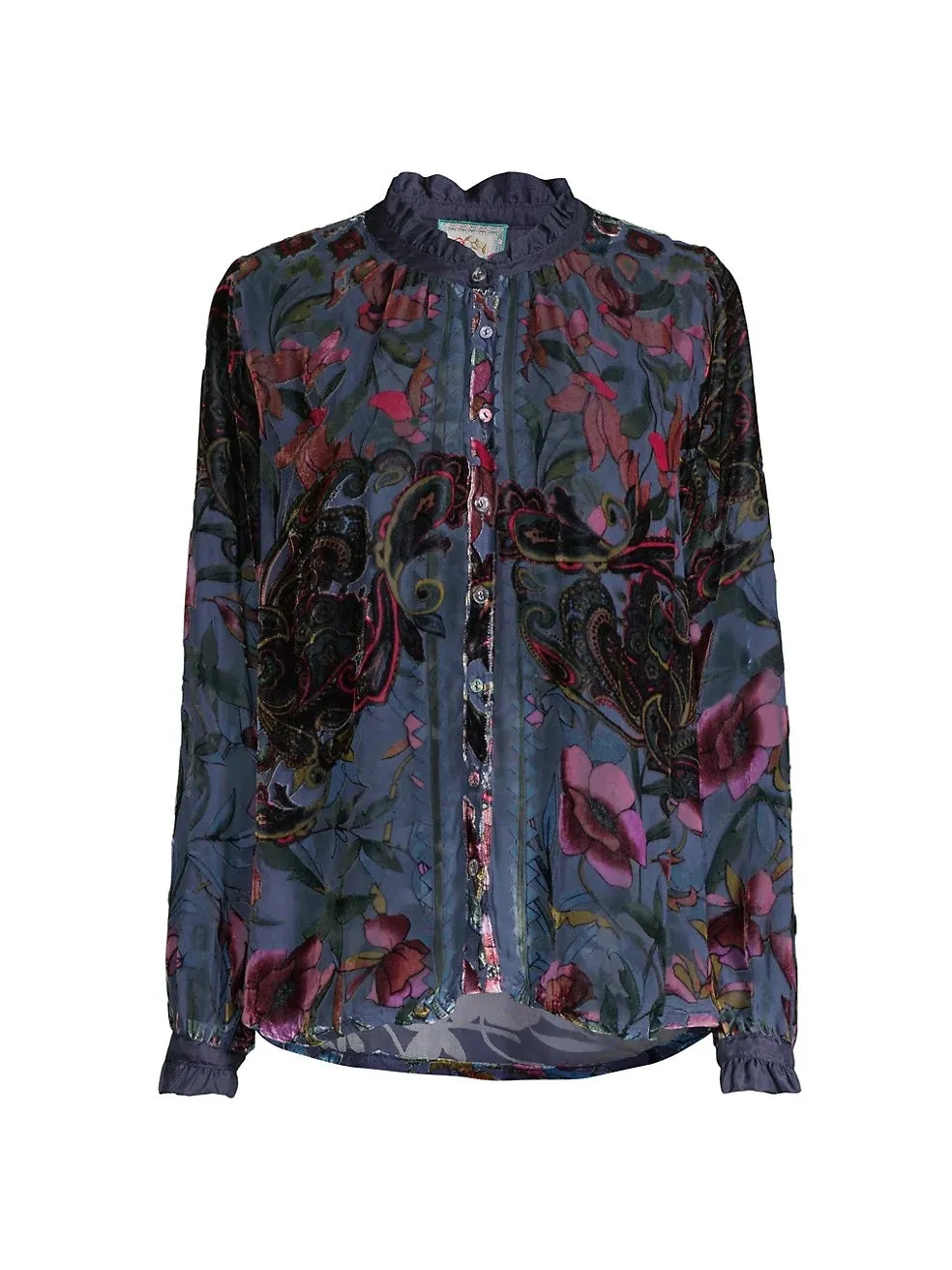 Johnny Was Clara Burnout Leda Button Top Floral Navy Black Velvet Shirt Small NEW