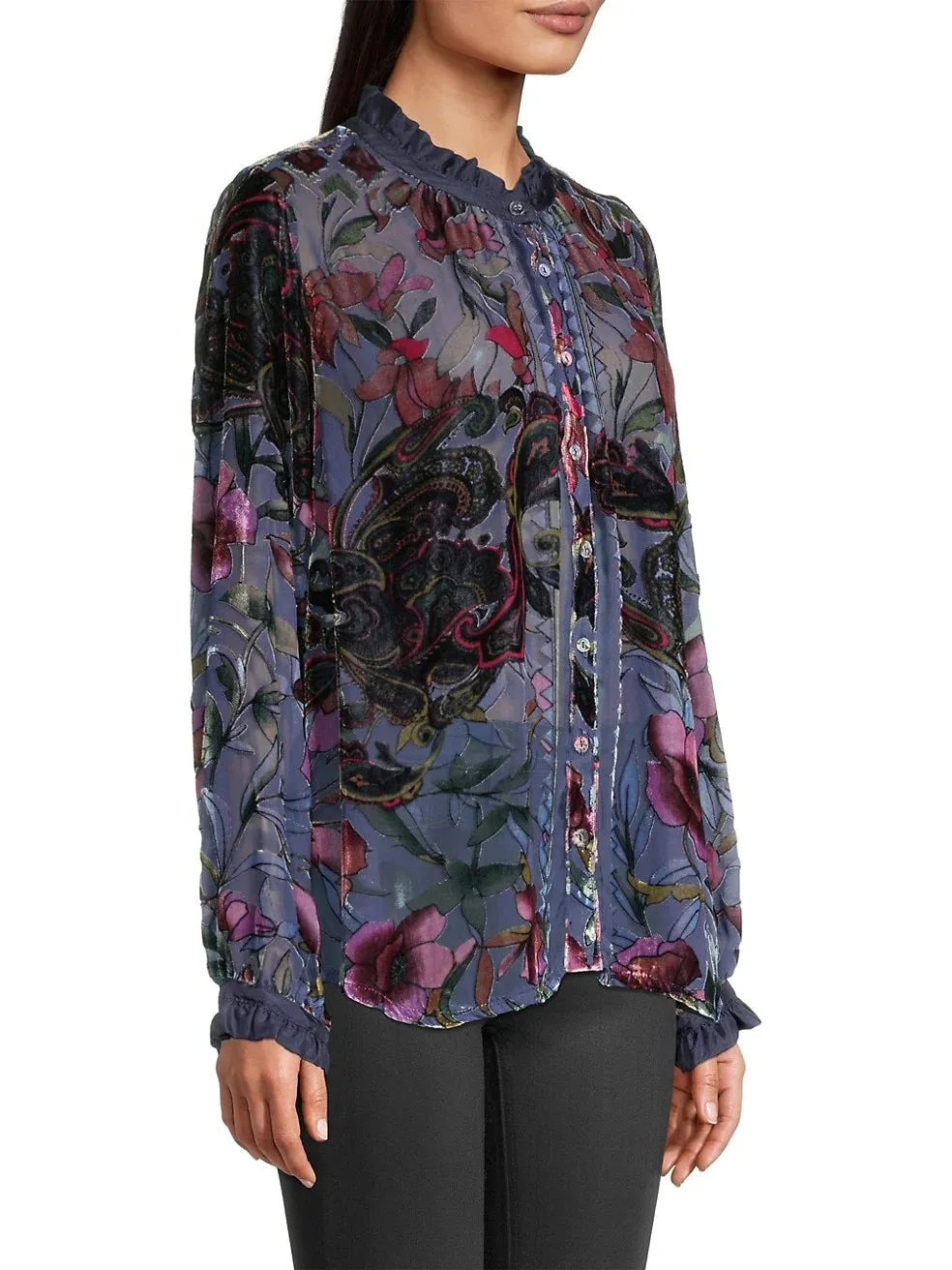 Johnny Was Clara Burnout Leda Button Top Floral Navy Black Velvet Shirt Small NEW