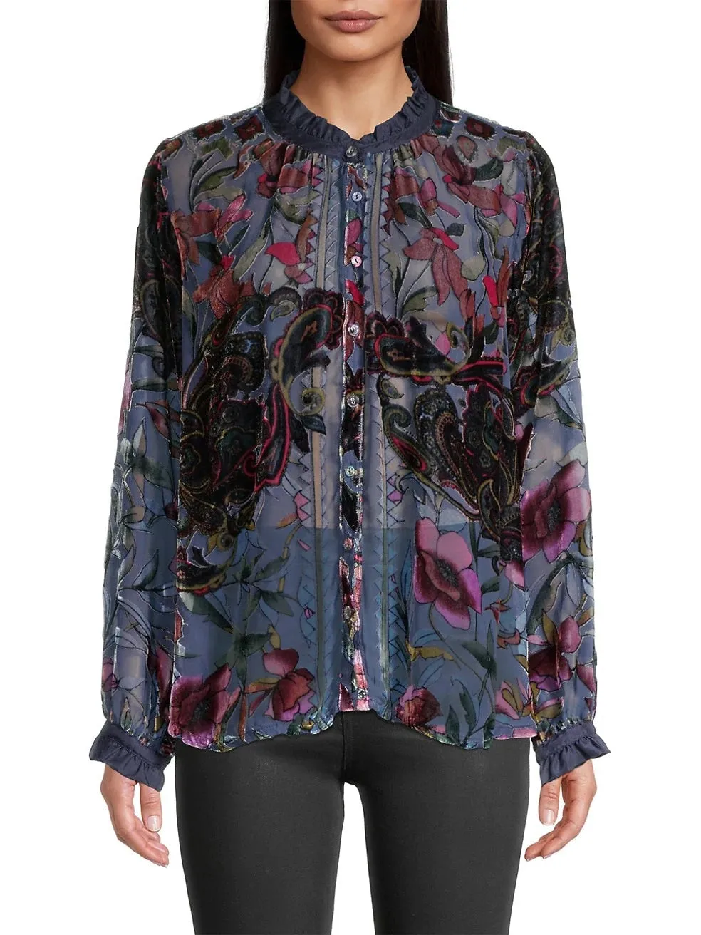 Johnny Was Clara Burnout Leda Button Top Floral Navy Black Velvet Shirt Small NEW