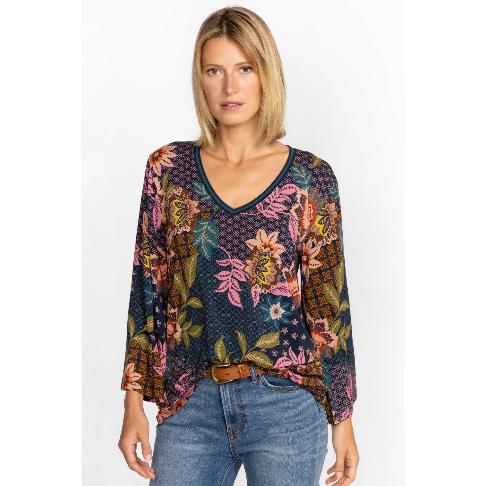 Johnny Was Delfino V Neck Kimono Sleeve Tee Flowers Blue Top Floral Shirt New