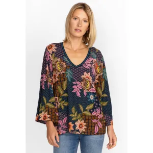 Johnny Was Delfino V Neck Kimono Sleeve Tee Flowers Blue Top Floral Shirt New