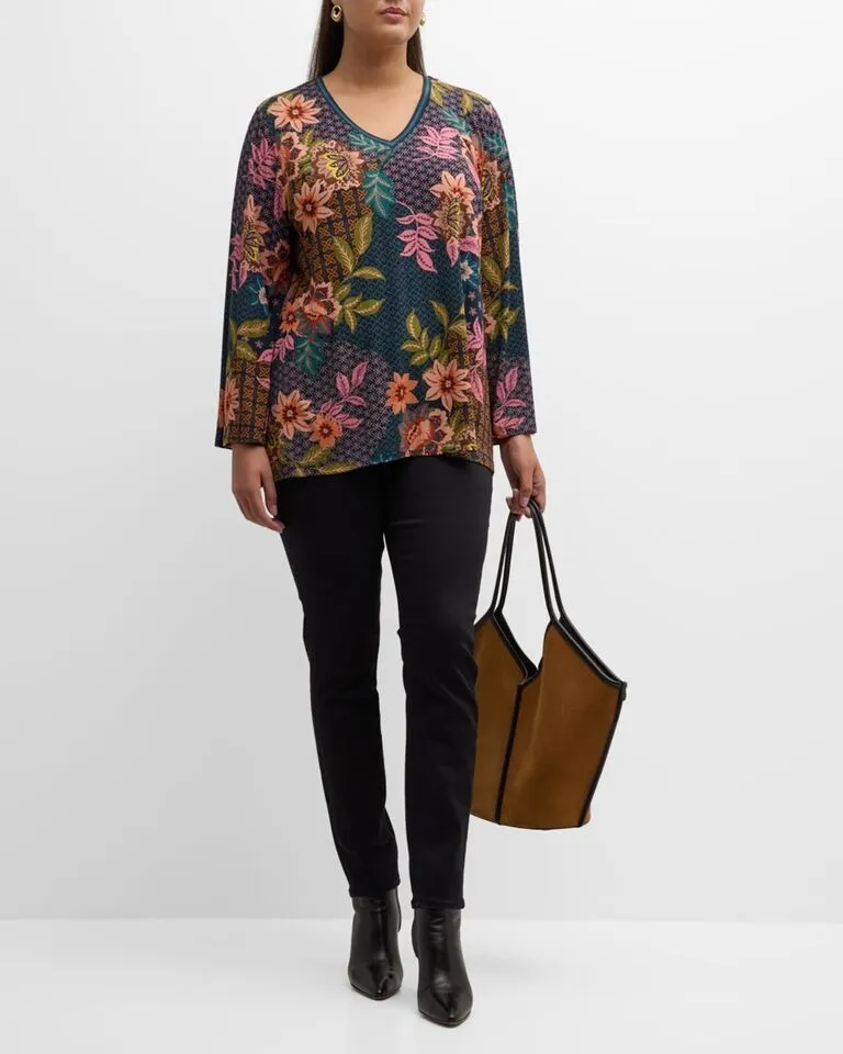 Johnny Was Delfino V Neck Kimono Sleeve Tee Flowers Blue Top Floral Shirt New