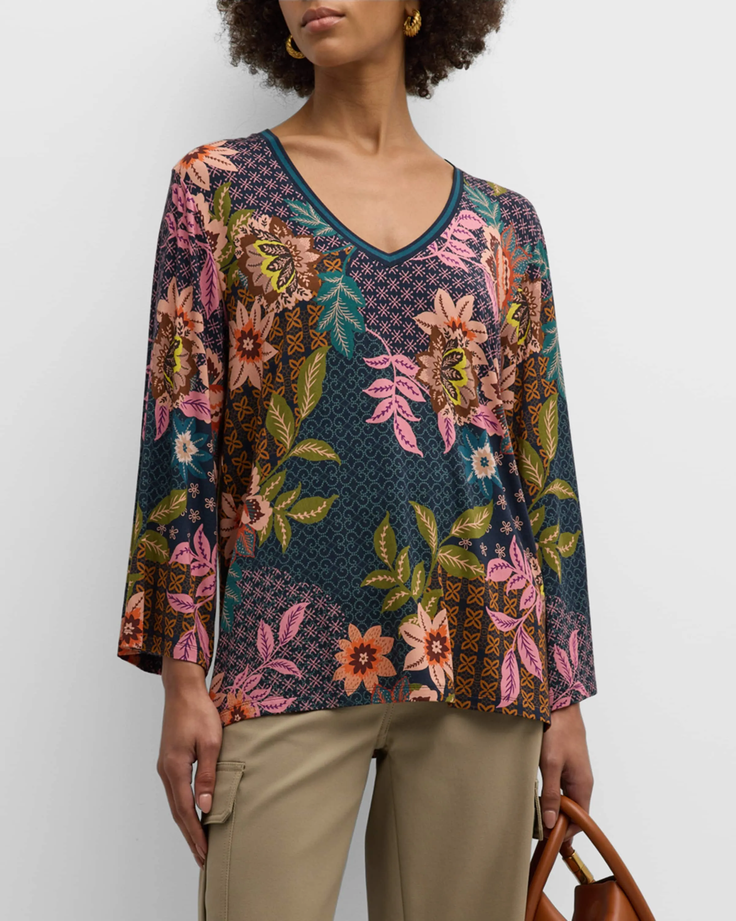 Johnny Was Delfino V Neck Kimono Sleeve Tee Flowers Blue Top Floral Shirt New