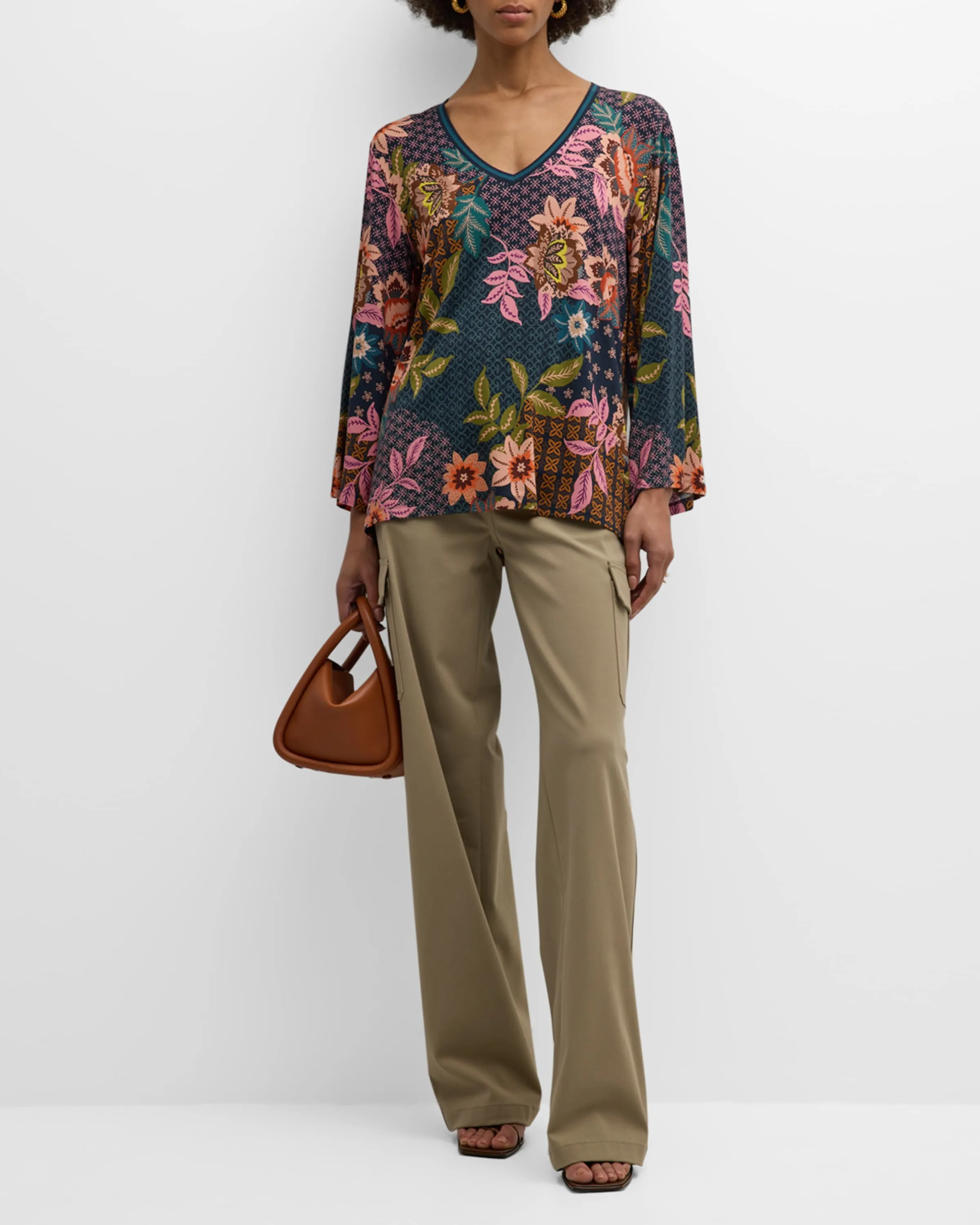 Johnny Was Delfino V Neck Kimono Sleeve Tee Flowers Blue Top Floral Shirt New
