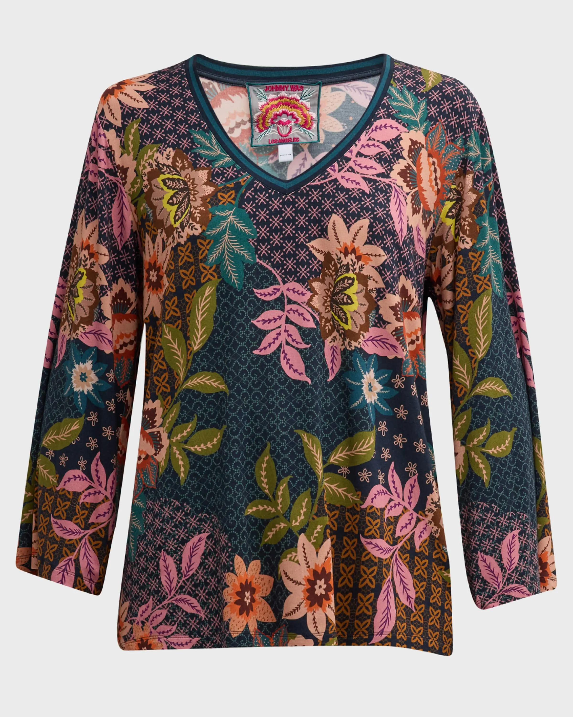 Johnny Was Delfino V Neck Kimono Sleeve Tee Flowers Blue Top Floral Shirt New