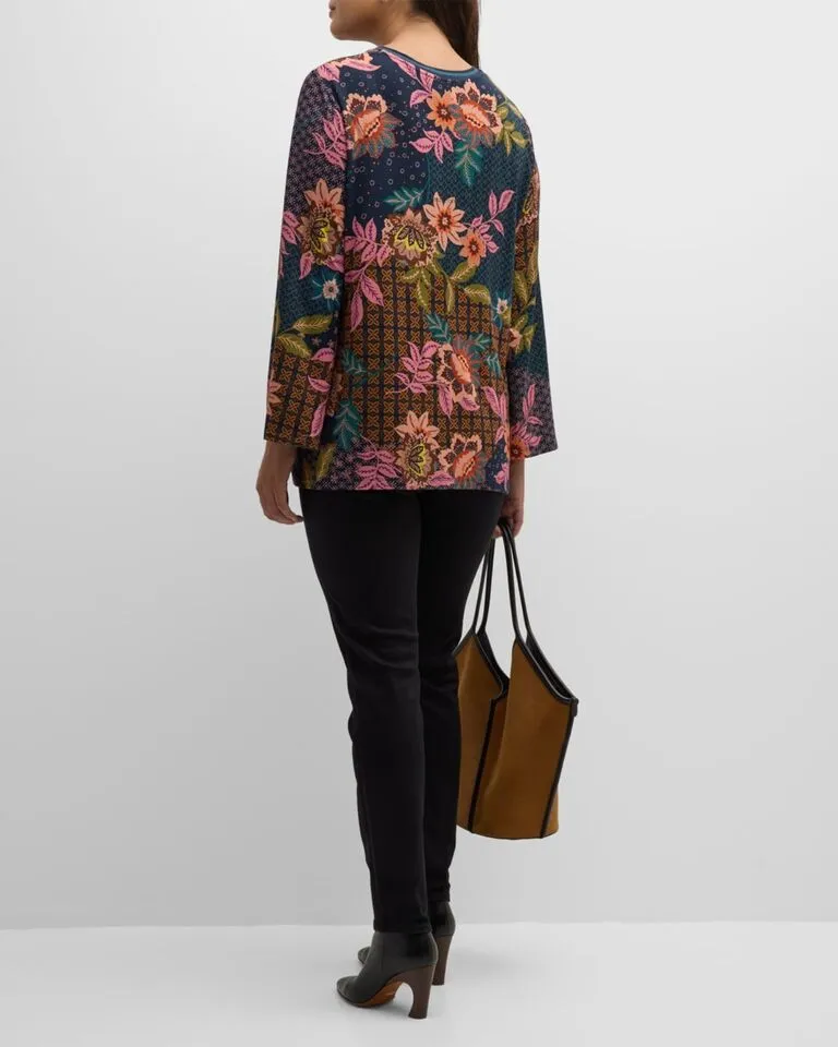 Johnny Was Delfino V Neck Kimono Sleeve Tee Flowers Blue Top Floral Shirt New