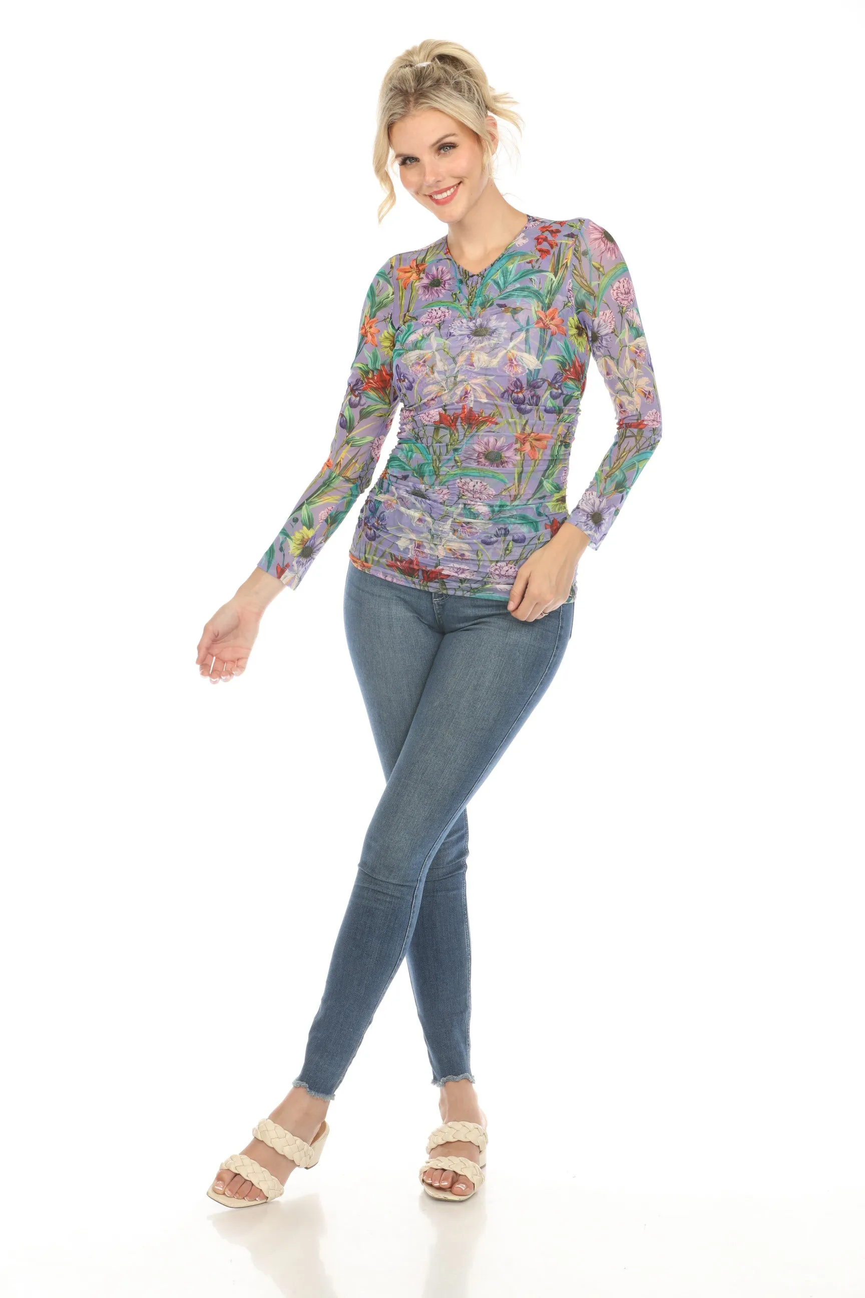 Johnny Was Jade Purple Daphne Floral Mesh Tee L12324
