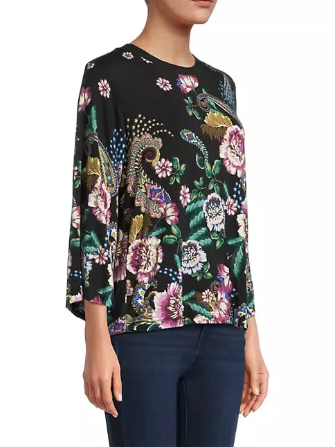 Johnny Was Janie Favorite Camino Sera Kimono Pink Floral Tee Shirt Black Top NEW