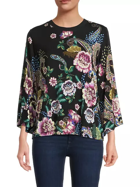 Johnny Was Janie Favorite Camino Sera Kimono Pink Floral Tee Shirt Black Top NEW