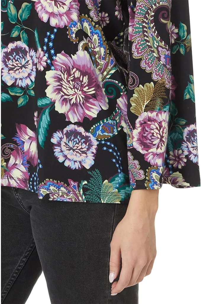 Johnny Was Janie Favorite Camino Sera Kimono Pink Floral Tee Shirt Black Top NEW
