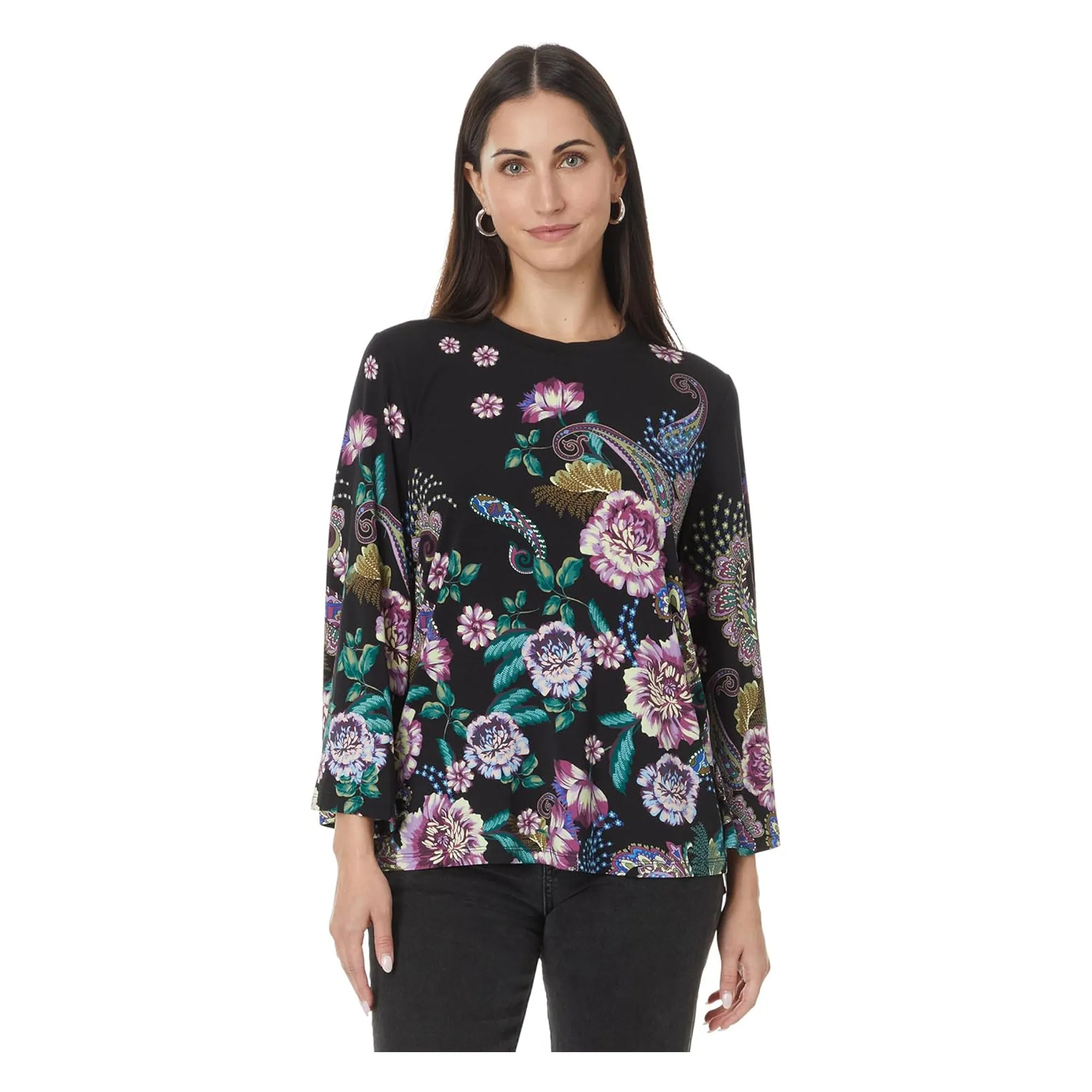 Johnny Was Janie Favorite Camino Sera Kimono Pink Floral Tee Shirt Black Top NEW
