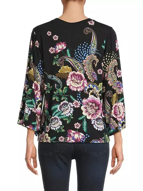 Johnny Was Janie Favorite Camino Sera Kimono Pink Floral Tee Shirt Black Top NEW