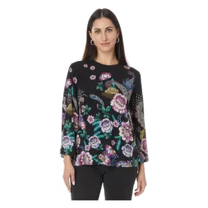 Johnny Was Janie Favorite Camino Sera Kimono Pink Floral Tee Shirt Black Top NEW