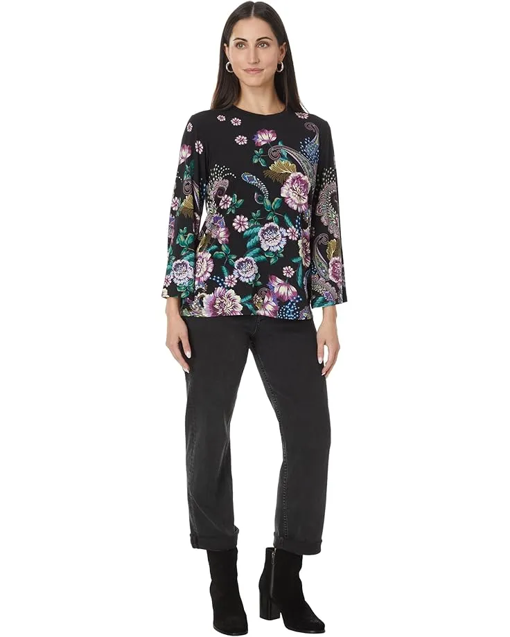 Johnny Was Janie Favorite Camino Sera Kimono Pink Floral Tee Shirt Black Top NEW