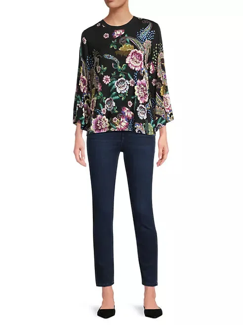 Johnny Was Janie Favorite Camino Sera Kimono Pink Floral Tee Shirt Black Top NEW