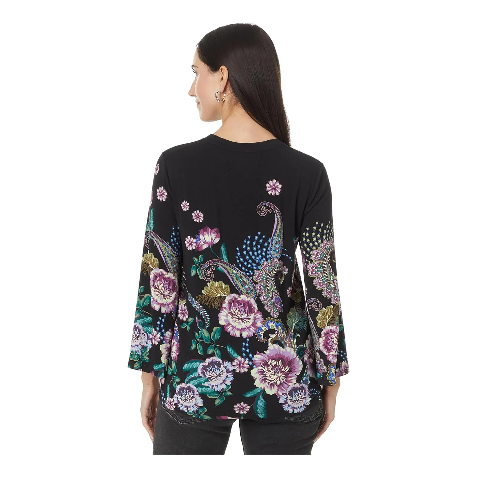 Johnny Was Janie Favorite Camino Sera Kimono Pink Floral Tee Shirt Black Top NEW