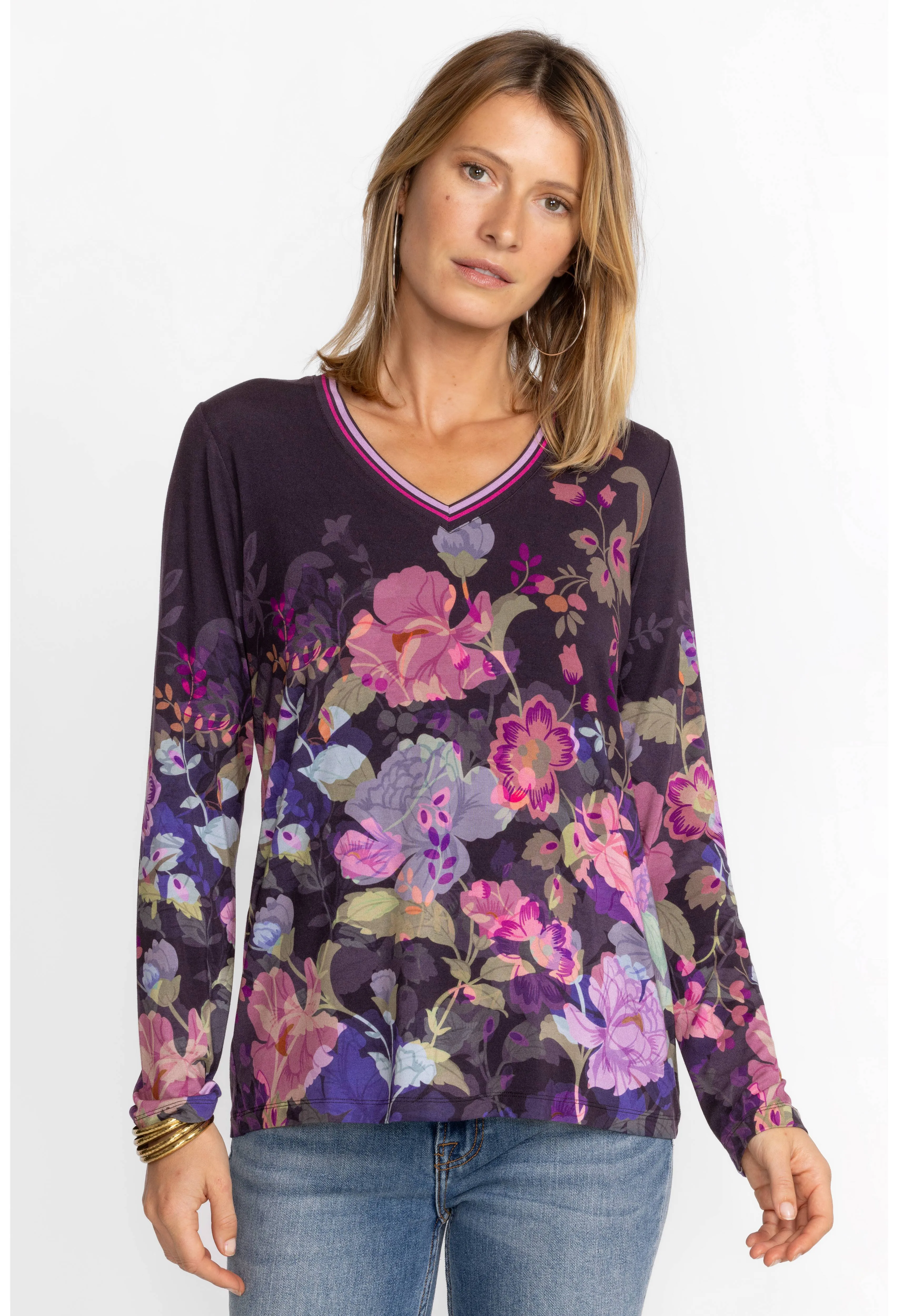 Johnny Was Janie Favorite Long Floral Tee Special Valeria Purple Top Shirt NEW