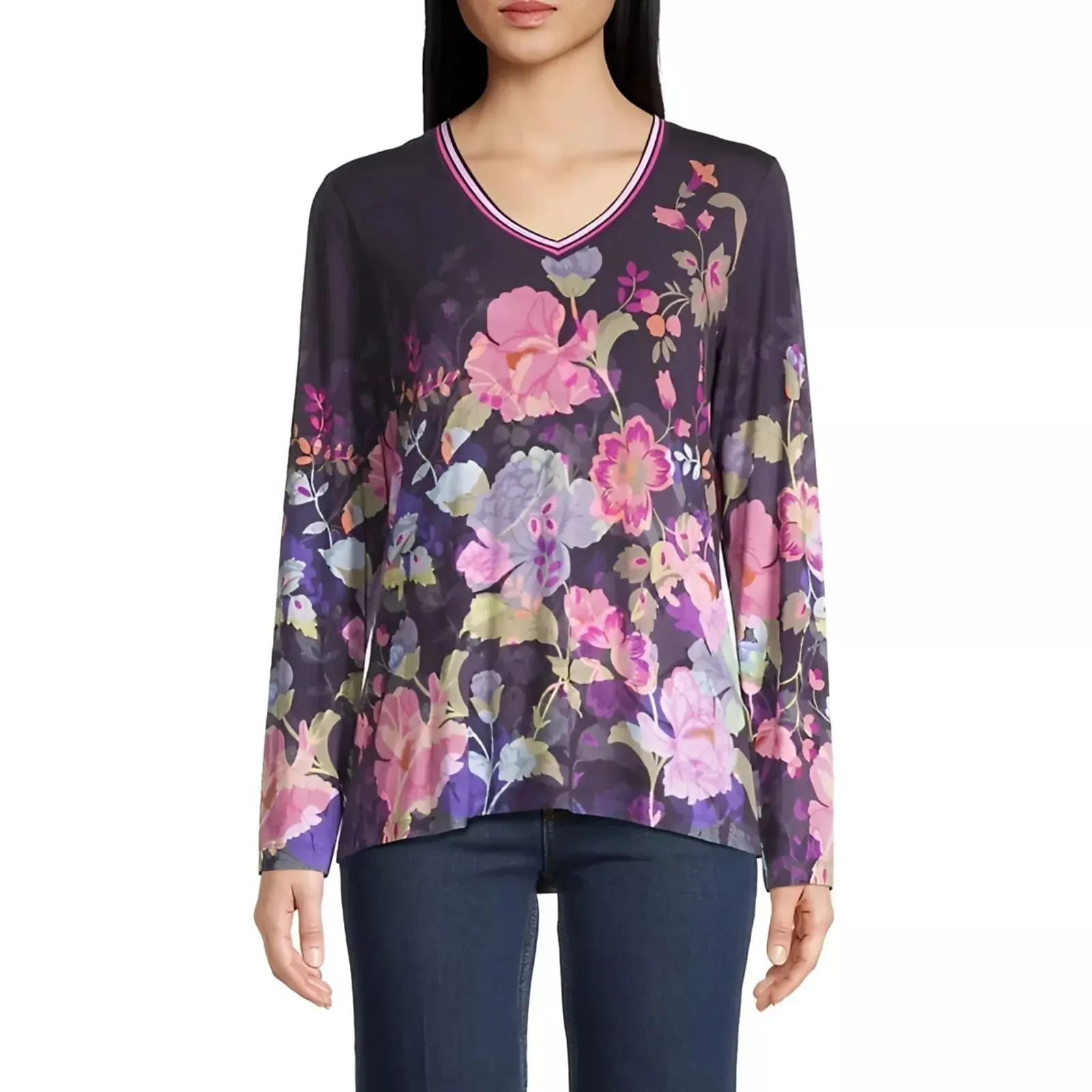 Johnny Was Janie Favorite Long Floral Tee Special Valeria Purple Top Shirt NEW