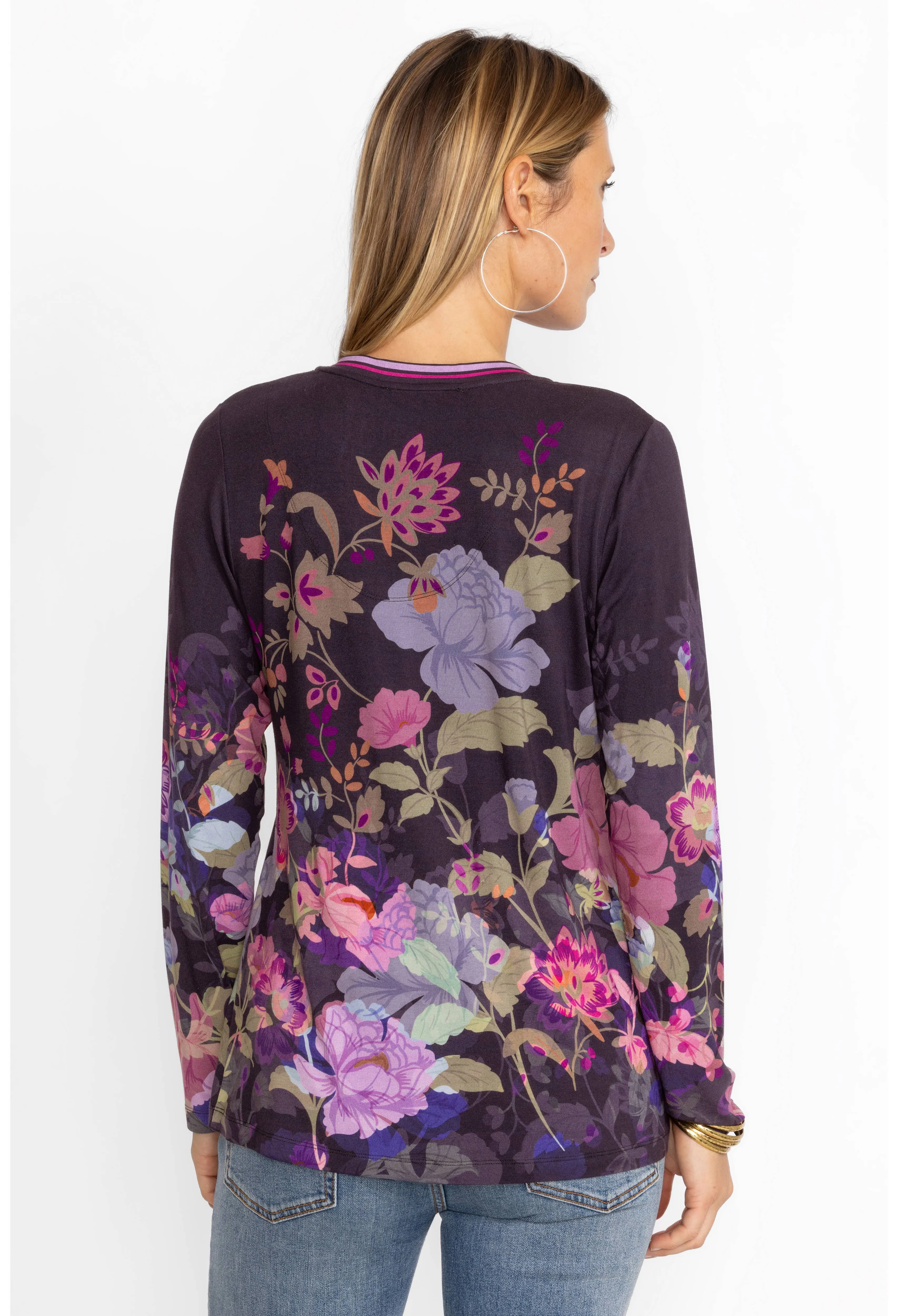 Johnny Was Janie Favorite Long Floral Tee Special Valeria Purple Top Shirt NEW