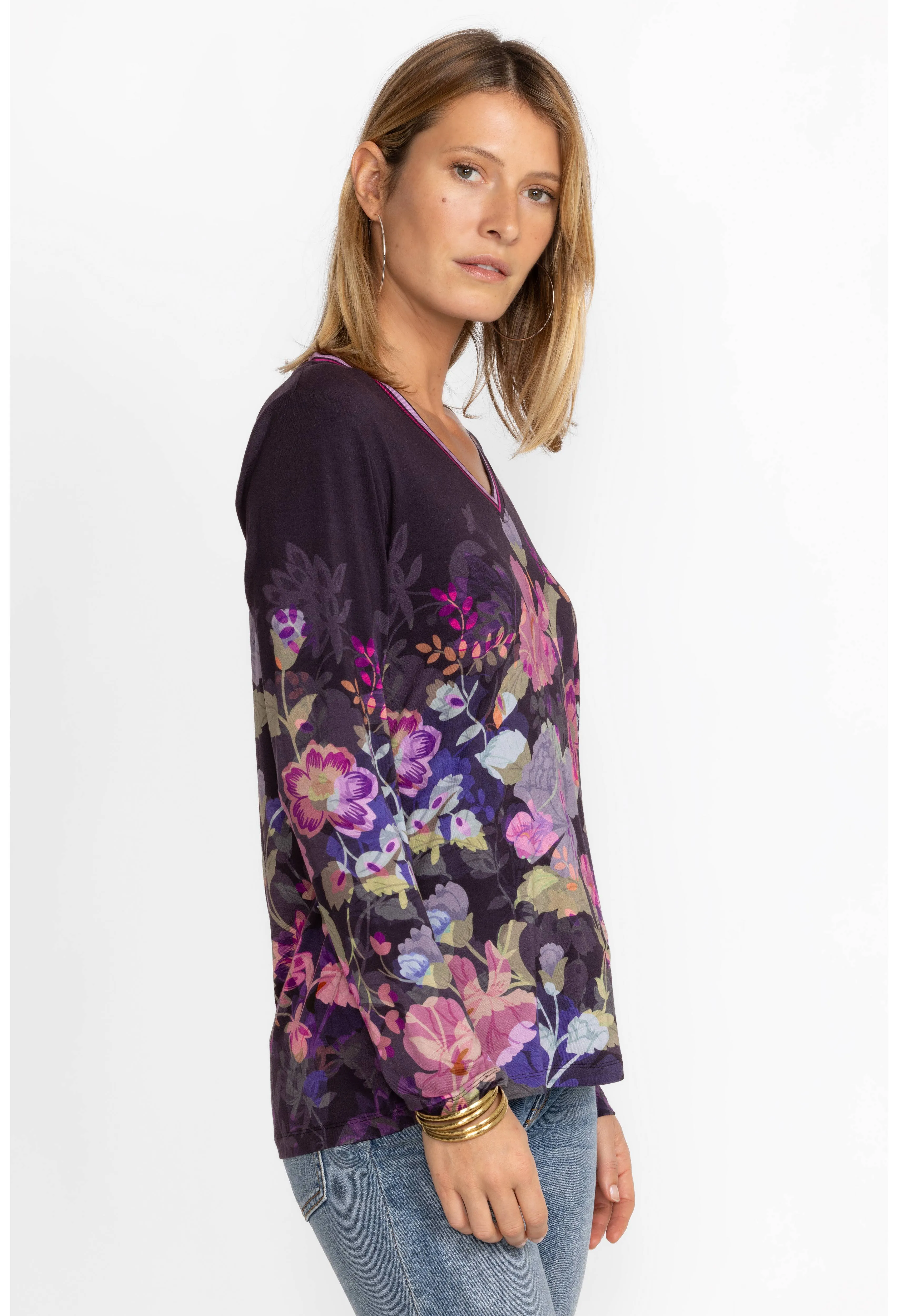 Johnny Was Janie Favorite Long Floral Tee Special Valeria Purple Top Shirt NEW