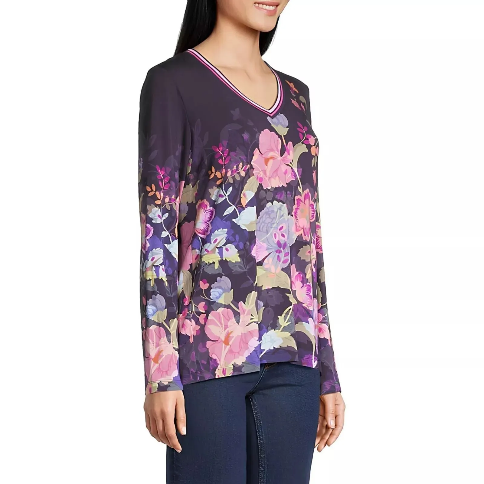 Johnny Was Janie Favorite Long Floral Tee Special Valeria Purple Top Shirt NEW