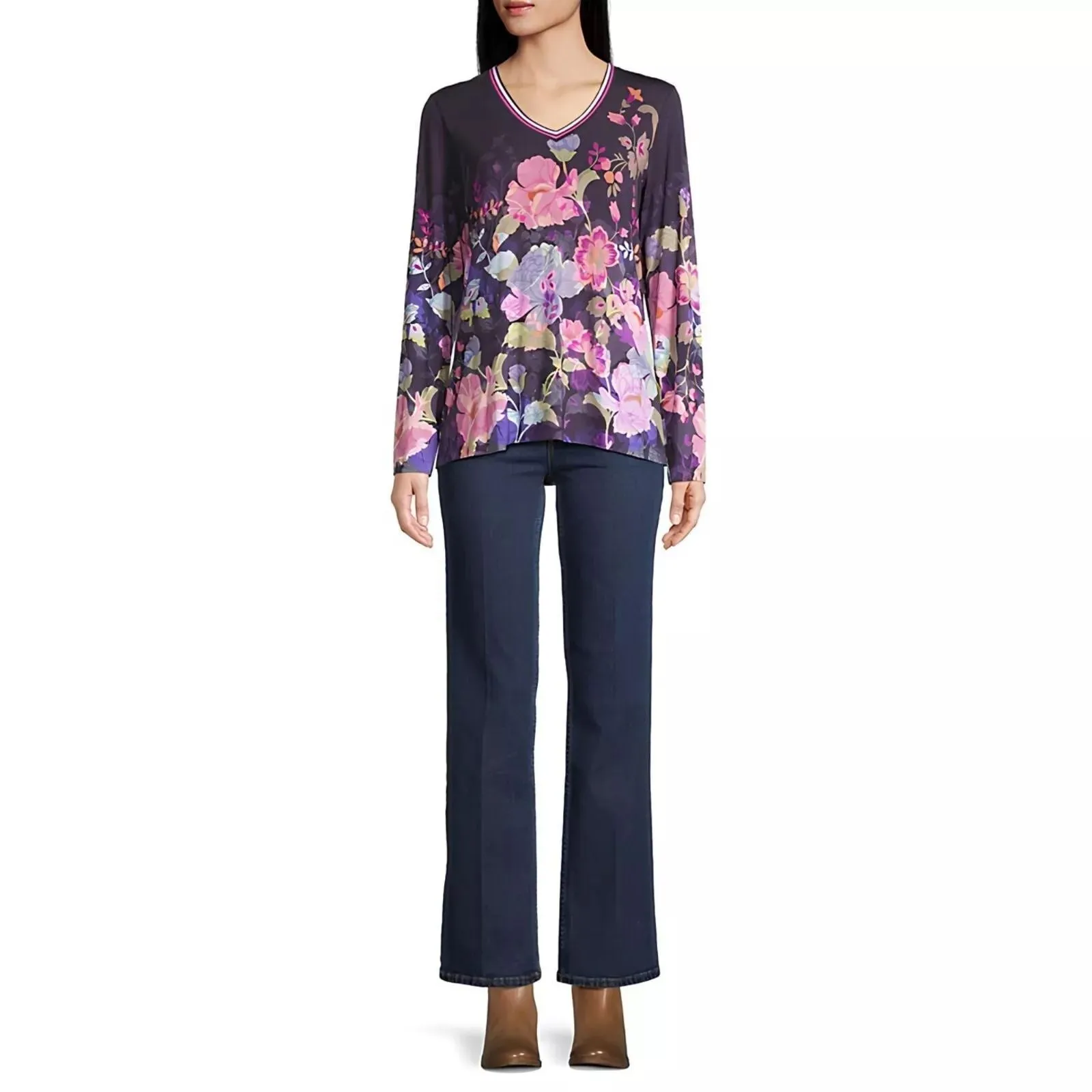 Johnny Was Janie Favorite Long Floral Tee Special Valeria Purple Top Shirt NEW